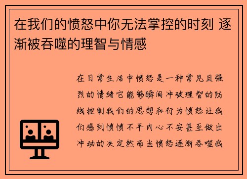 在我们的愤怒中你无法掌控的时刻 逐渐被吞噬的理智与情感 在我们的愤怒中你无法掌控的时刻 逐渐被吞噬的理智与情感